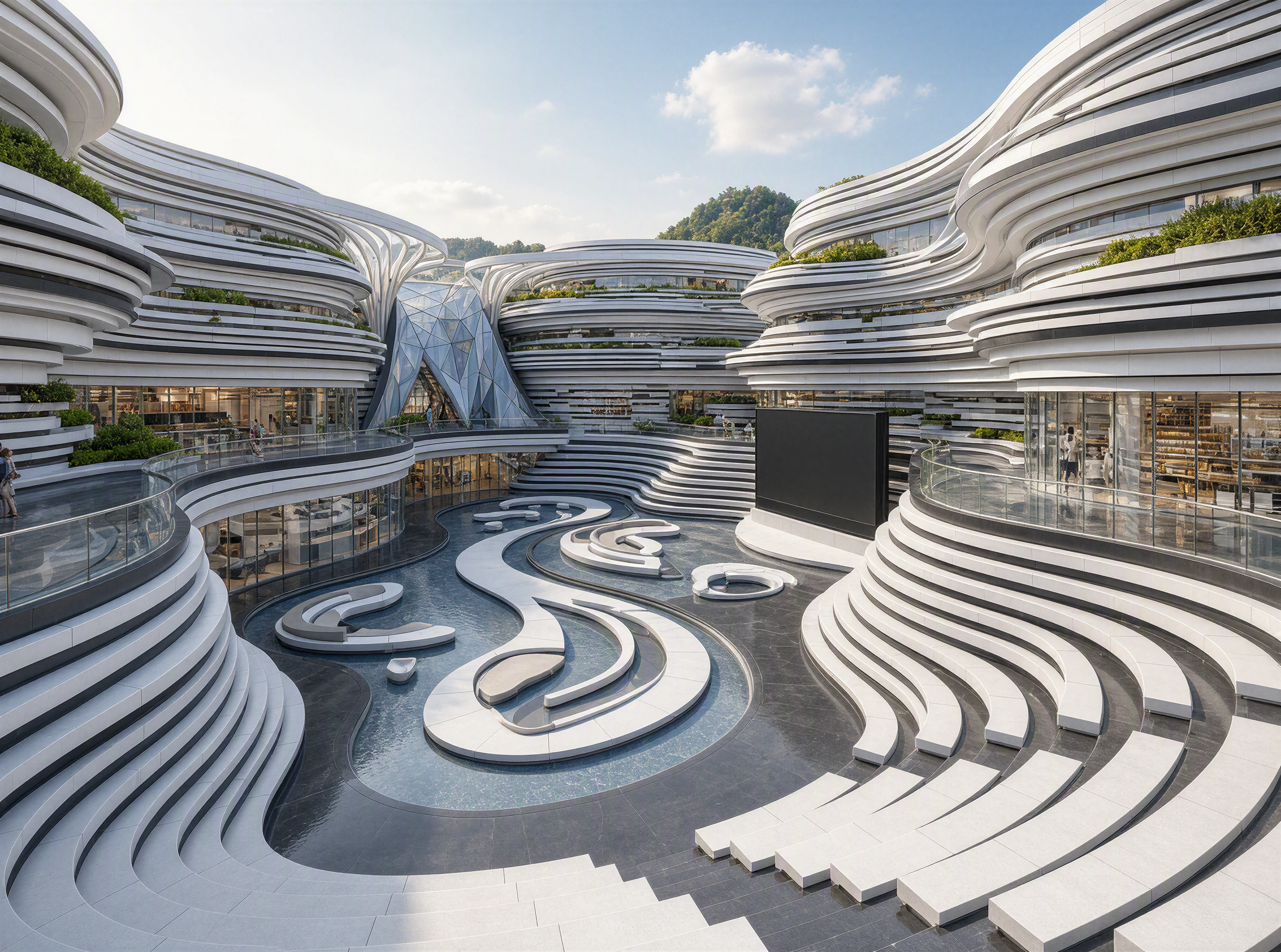 Sunken Central Public Courtyard Featuring Tiered Terraces, Stepping Stones & Reflecting Pools