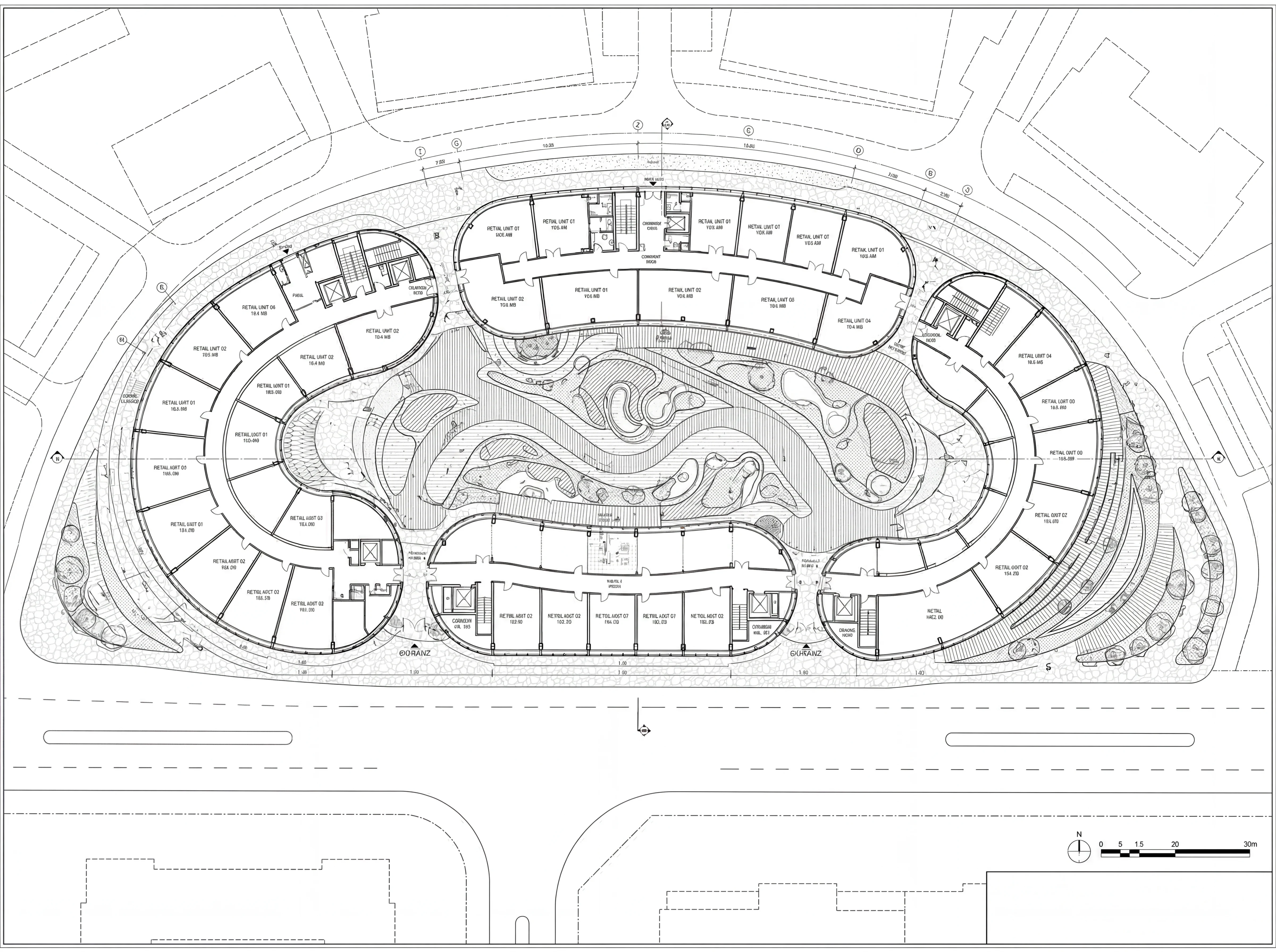 Architectural Floor Plan CAD Drawing Outlining Retail Units & Circulation Core
