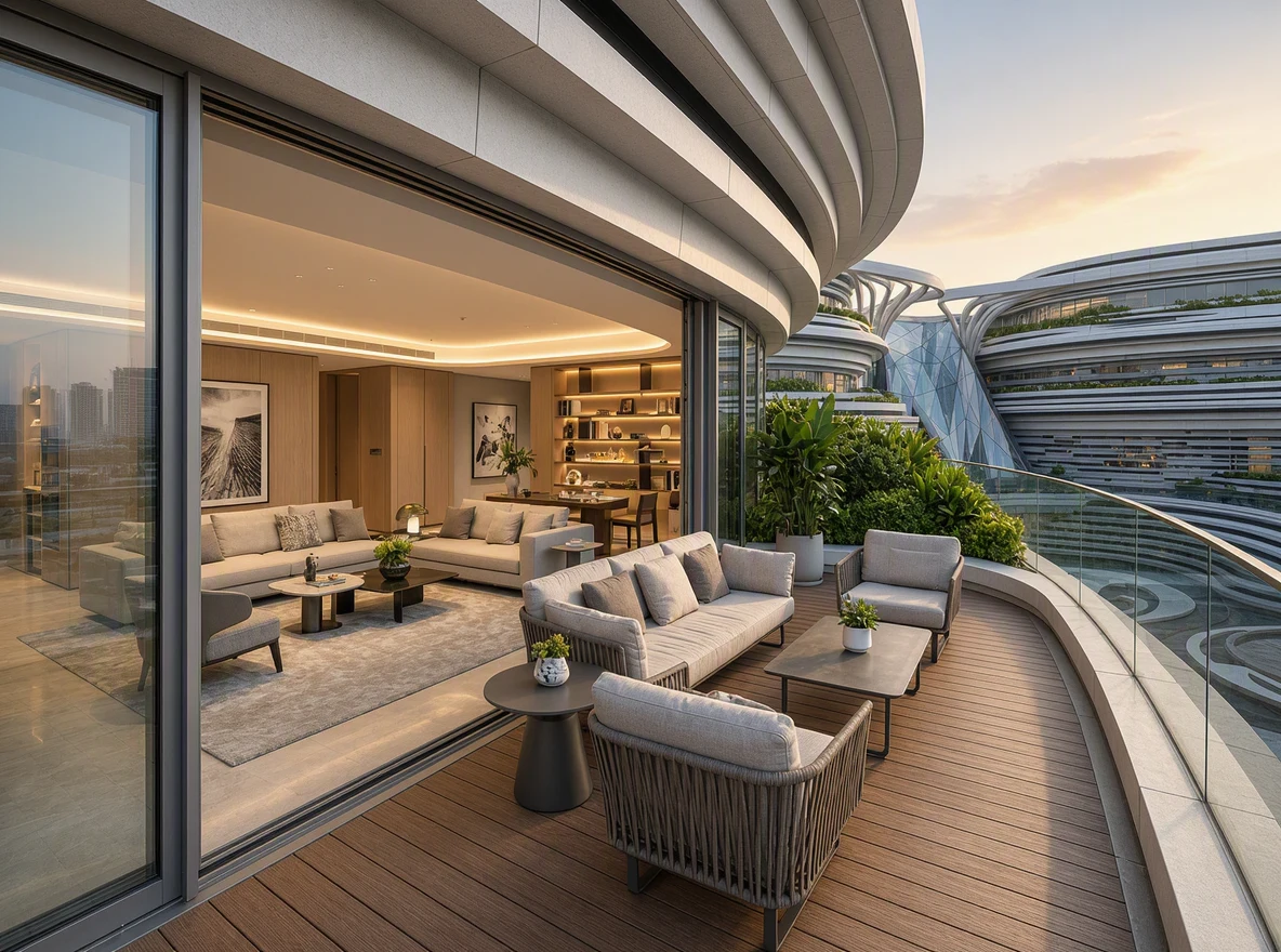 Luxury Residential Penthouse Terrace Overlooking Central Plaza and Floating Waterways