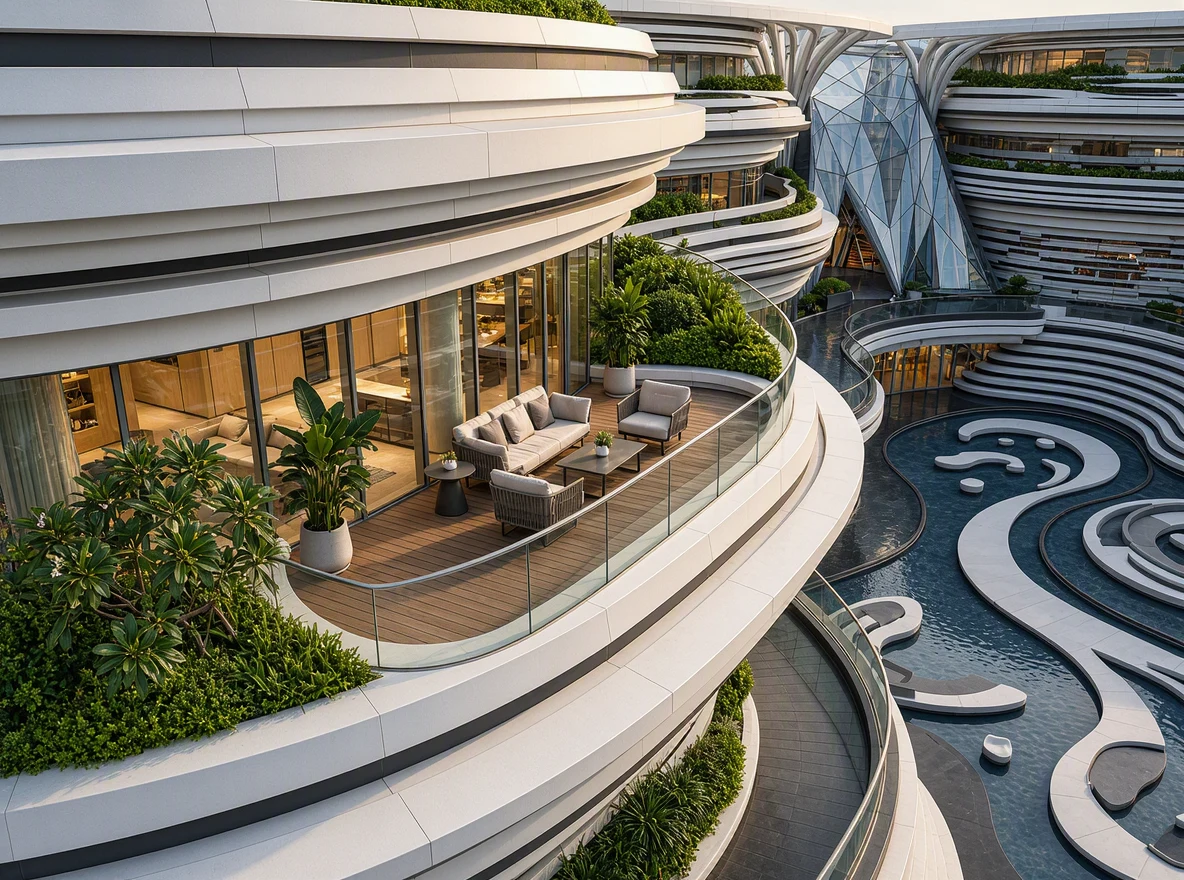 Biophilic Terraced Architecture with Integrated Planters and Continuous Balconies