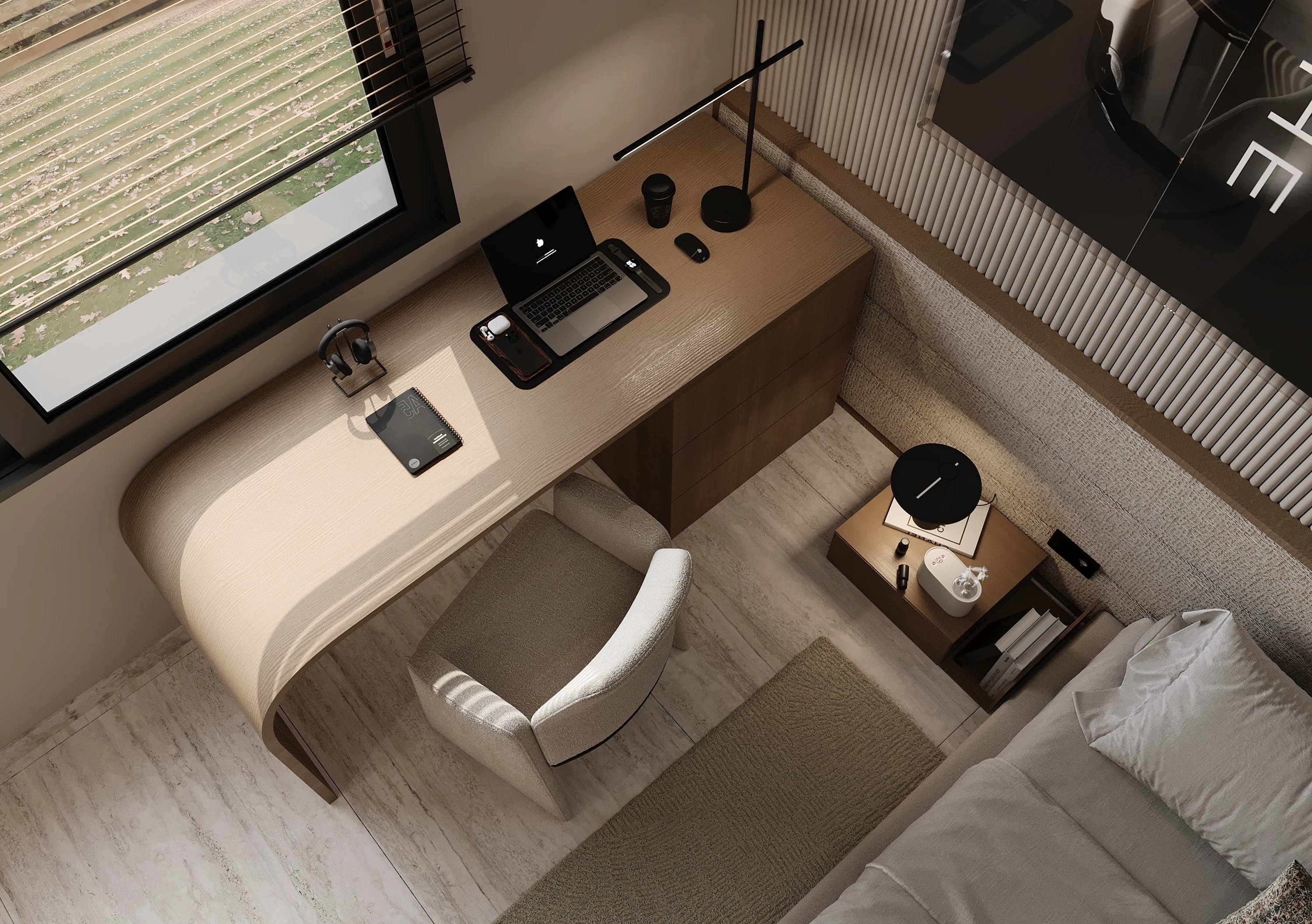 High-Angle Perspective of Curved Floating Executive Work Desk beside Window