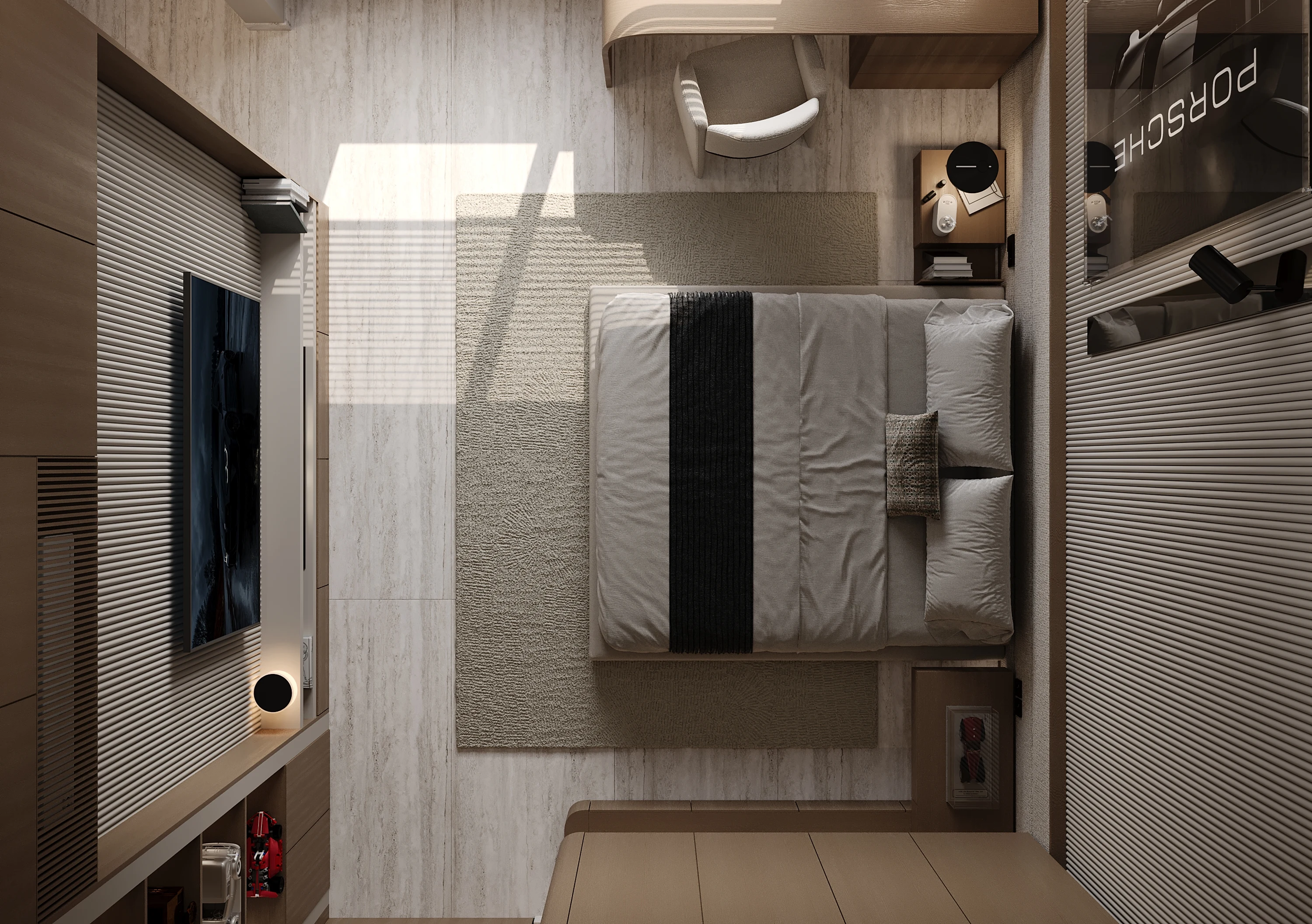 Bird’s-Eye Spatial Layout Revealing Bed, Desk, Wardrobe & Circulation Clearance